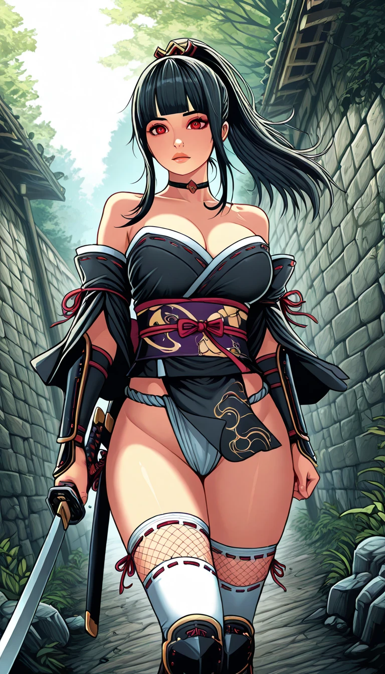 full body, Standing, Princess Zelda as Shinobi, costume all black with gold stripes, she has large breasts, (short black hair), ((wearing Oni mask on her face)), cut scar over right eye, (green eyes), a katana attached to her waist, blood all over her clothes, she is in an ancient ninja Temple full of swords stuck in the ground, Anime, masterpiece, 16k, award winning, best quality, high details, UHD, masterpiece, anatomically correct