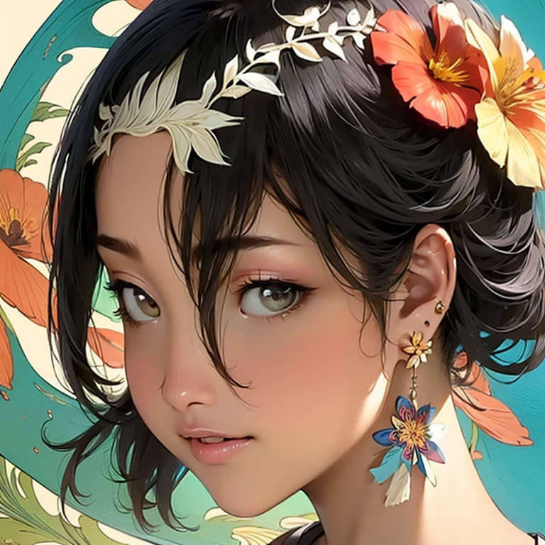 cute、Perfect Anatomy、Picturesque、sketch、texture、solo、Very detailed、(Fractal Art:1.1)、(Gentle colors:1.1)、(Floral:1.6)、Most detailed、(Zentangle:1.2)、(Dynamic pose)、(Abstract background:1.3)、(Glowing Skin)、(Many colors:0.8)、、(Earrings:1.4)、(feather:0.9)、Taisho romance,(masterpiece、highest quality、highest quality、Official Art、Beautiful and aesthetic:1.2)、
