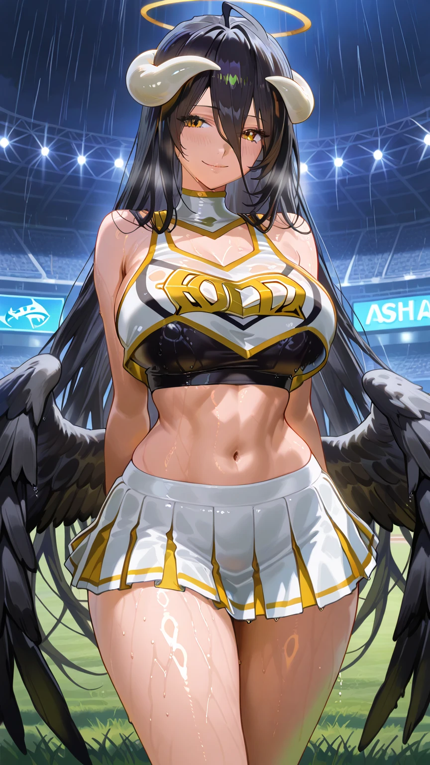 (Gir1), (20 years), (Dark Skin:1.5), (Long dark purple hair and dark purple eyes), (structured body), (hourglass figure), (Height 1.77), (beautiful), (beautiful and delicate face), (slender body), (thin body), (with physical attributes such as super mega large and large breasts and ass), (Mature body like that of a super hot and delightful adult woman), (super gigantic breasts), (big ass), (body with soft skin), (Wearing), +, (A cheerleading captain's outfit magically morphs into a tantalizing near-nude ensemble, leaving little to the imagination. The vibrant colors of the costume shimmer in the sunlight, while the sheer fabric highlights each curve and contour of her body. She confidently leads her team onto the field, turning heads and causing hearts to race.)