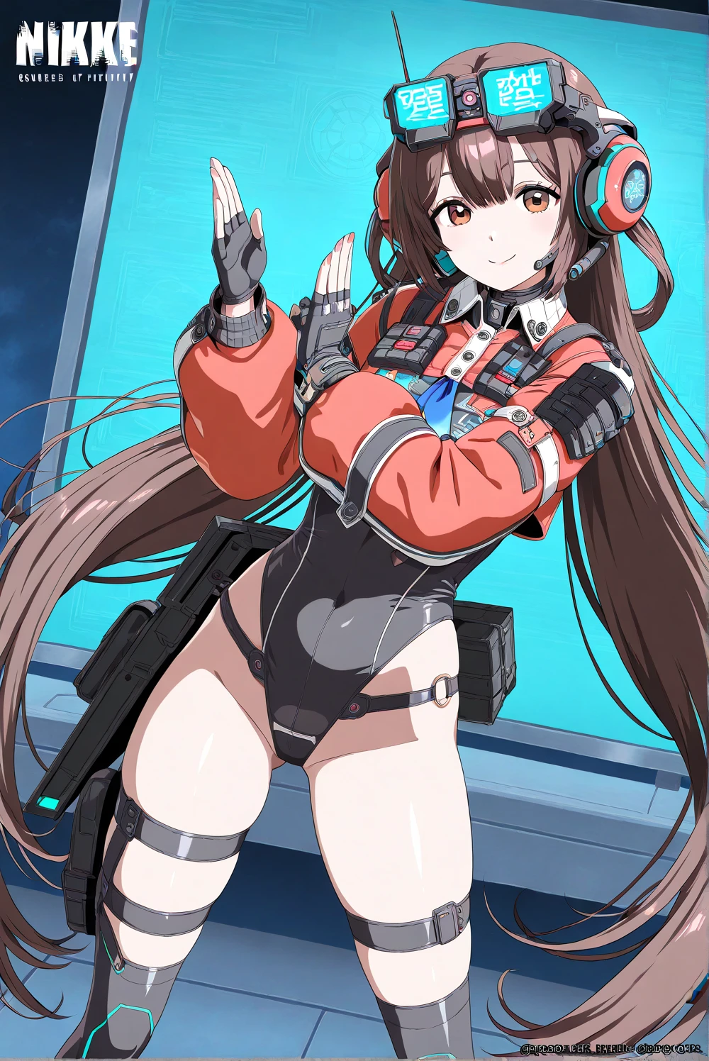 Very detailed, clear, beautiful body, Beautiful nose, Beautiful character design, perfect eyes, perfect face, very high, 4k, Beautiful legs, perfect legs, good hand, perfect hand, Masterpiece, best quality, haveรายละเอียดสูง, illustration, nonsense, perfect anatomy, street fighter, doll set, Chadaloo Doll, doll set, expressionless, empty eyes, look at viewer, red gloves, Emotionless, black Latex, corruption, mind control, female warrior, full body, hypnotized, ความมึนงงที่ไม่haveความสุข, full body suit, Ribbed bodysuit, Both arms are at the sides., obey, perfect woman's body, extremely glossy Latex, hypnosis, Hipnolora, empty eyes, mind control device, Poses, give up_Pose, slave, standตัวตรง, stand, stand at attention, have, necktie, belt, Latex, Ribbed bodysuit, thigh high, garter belt, fighting posture, Extend your right arm away from your shoulder into the air with your hand straight., soldier, thigh boots, 1 girl, hair accessories, brown hair, long hair, Amber eyes, Melchiott Alicia, Valkyrie Chronicles, twin tail