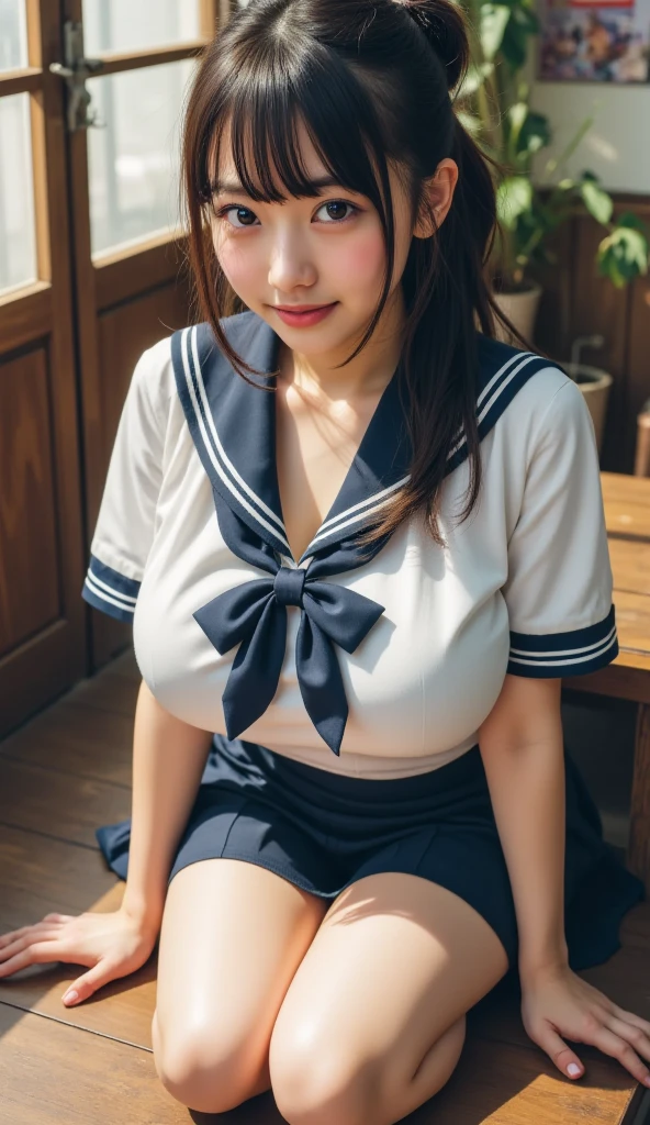 (((spread legs, nsfw, (spread pussy:1.3)))), high school girl, sailor suit, big breasts, on a park bench, 最high quality, 8k, high quality, High resolution, (thick lips), curvy body shape, beautifully styled hair, hairy, Japanese, 18-year-old, laughing, peace sign with both hands, 顔は丸いbig breasts, curvy body shape, beautifully styled hair, at the park,