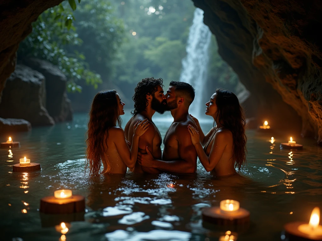 In the dense forest, a beautiful white-skinned Thai woman, her body completely naked, with her pubic hair clearly visible, her large breasts, was sitting against a fire in a cave with a naked young man. Both of their bodies were cold, and the atmosphere was brightly lit by the fire in the fire pit, where a pair of loincloths were hanging from the ceiling. The two of them slowly leaned towards each other and kissed.