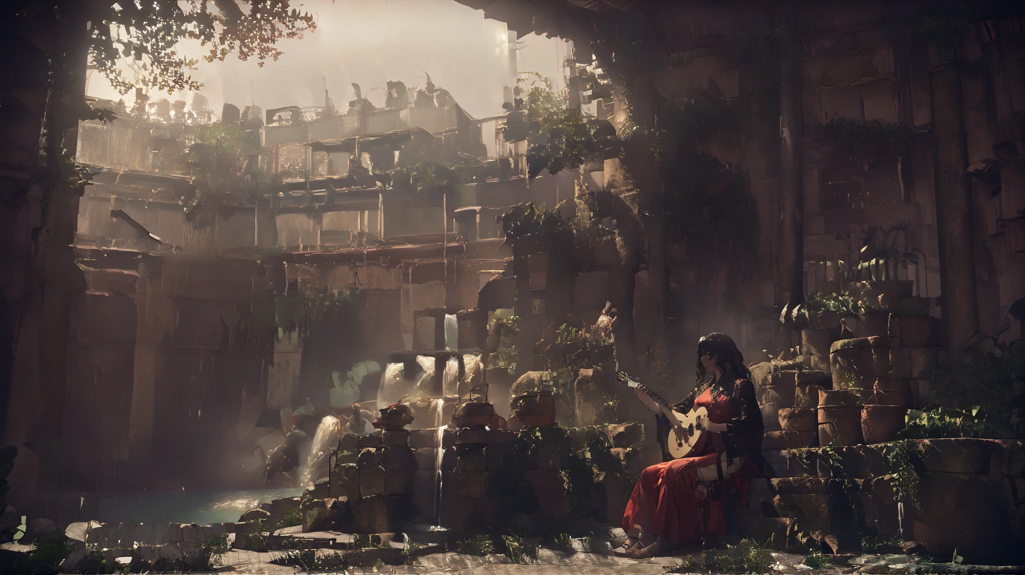 DevolaPopola, scenery, nierscene, 1girls, Devola, sitting by an ancient water_fountain, outside, holding guitar