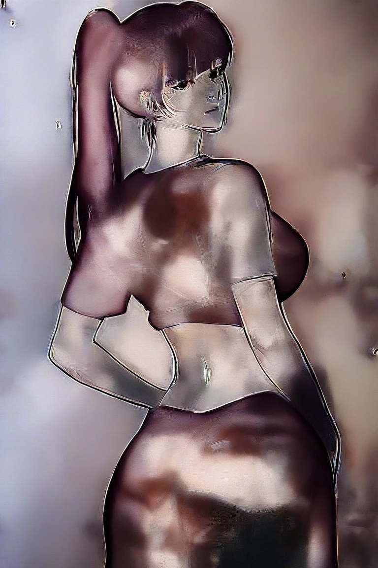Tsubaki Miyajima (Saimin Seishidou) XL pony LORA, 1milf, mature female, motherly, purple hair, hair bun, High detailed, voluptuous woman with a curvy body, in a bathroom, naked, she is wearing a towel around her body, bun, depth of field, from behind,