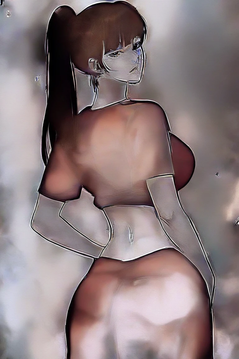 ((Masterpiece)), ((best quality)), very detailed, Detailed background, 1 woman, black skin , Long wavy brown hair , conjunctivitis, sly face , smile , naked , abdomen, big breasts , Long legs , hands on hips , Barefoot , abandoned factory, at night