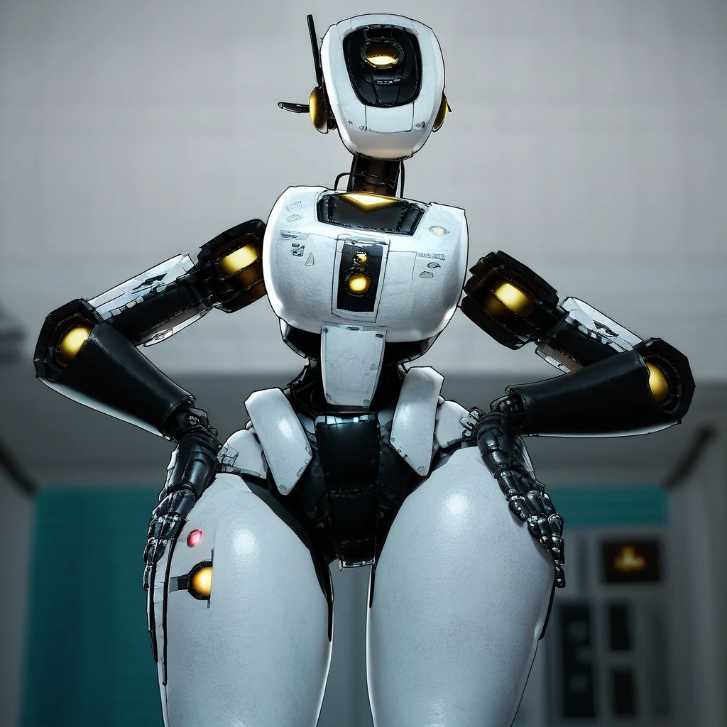 A Modern flat toon Crazy whit a Big ONE a Only Eye Robot and helmet Style, tongs in hands, Tv head, pinhead, camouflage yellow white Pibnk Rusty, Ambient in a meteorite crater super detailed, center, beautiful, soft lighting, focused on the character, 4K resolution, photorealistic rendering,
