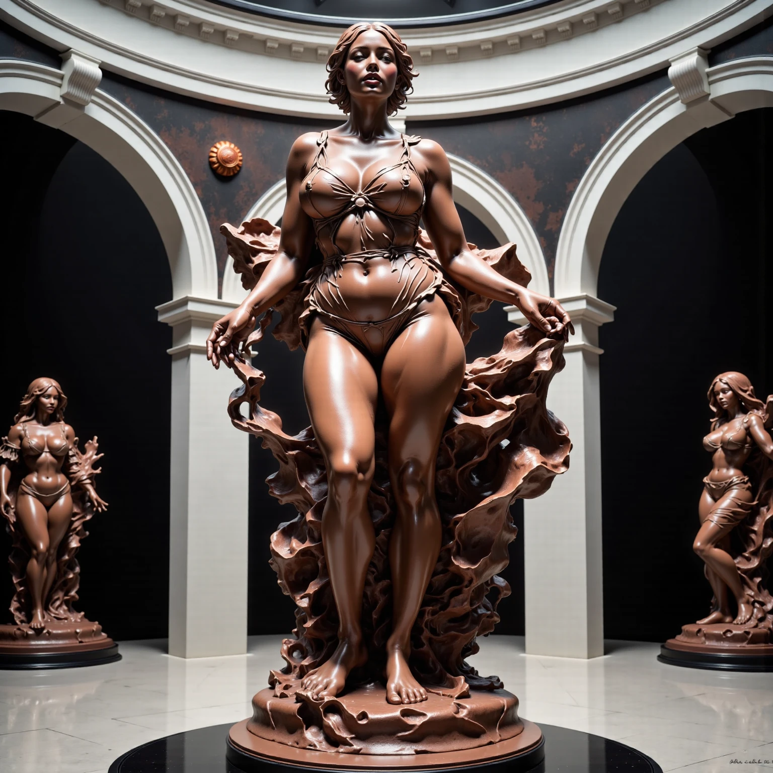 Antique bronze female statue, (((corpo inteiro))), (((perfect statue face))), (((genitalia a show))), , (((pose sensual))), (((corpo a mostra))), ambiente escuro, ao ceu aberto, 35 mm, frontalmente, com corpo extremamente detalhado, Colors with low saturation with dark tone, Filmado em Sony A7S III --estilo cru