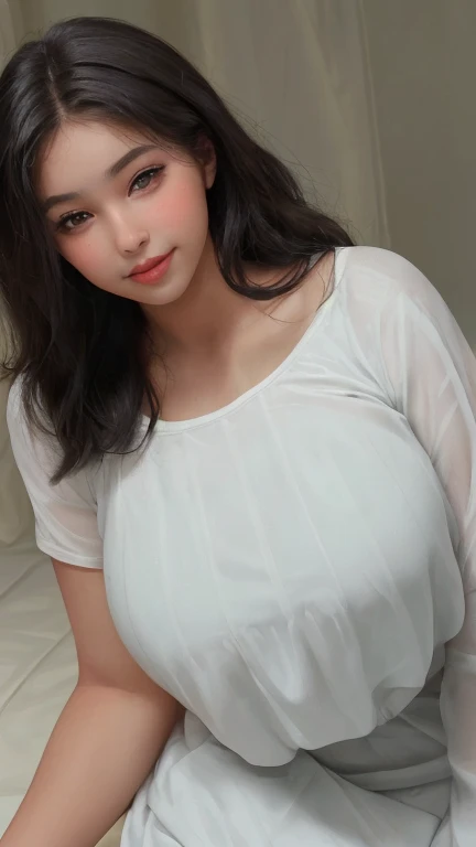 1 Girl, Beautiful, Baby Face, 20 Years Old, White Skin, Huge Colossal Breasts, (White See Through Dress), Grey Eye, ((Long Hair)), Muscles, Bokeh, ((night:1.3)), ((dark:1.3)), Street Crowd Background, Masterpiece, Foggy, Look To Viewer, Laugh, (Kiss Viewer)