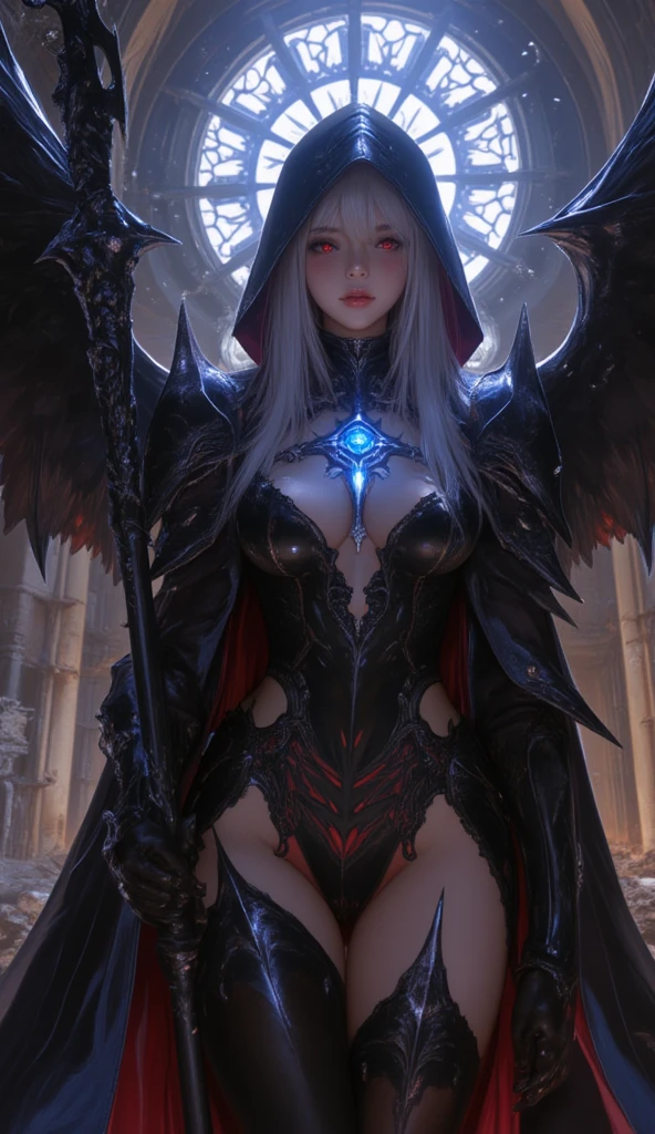 Grey skin, possessed angel, demonic eyes, beautiful girl, cursed, blood tattoos, obsidian armor, watching viewer,