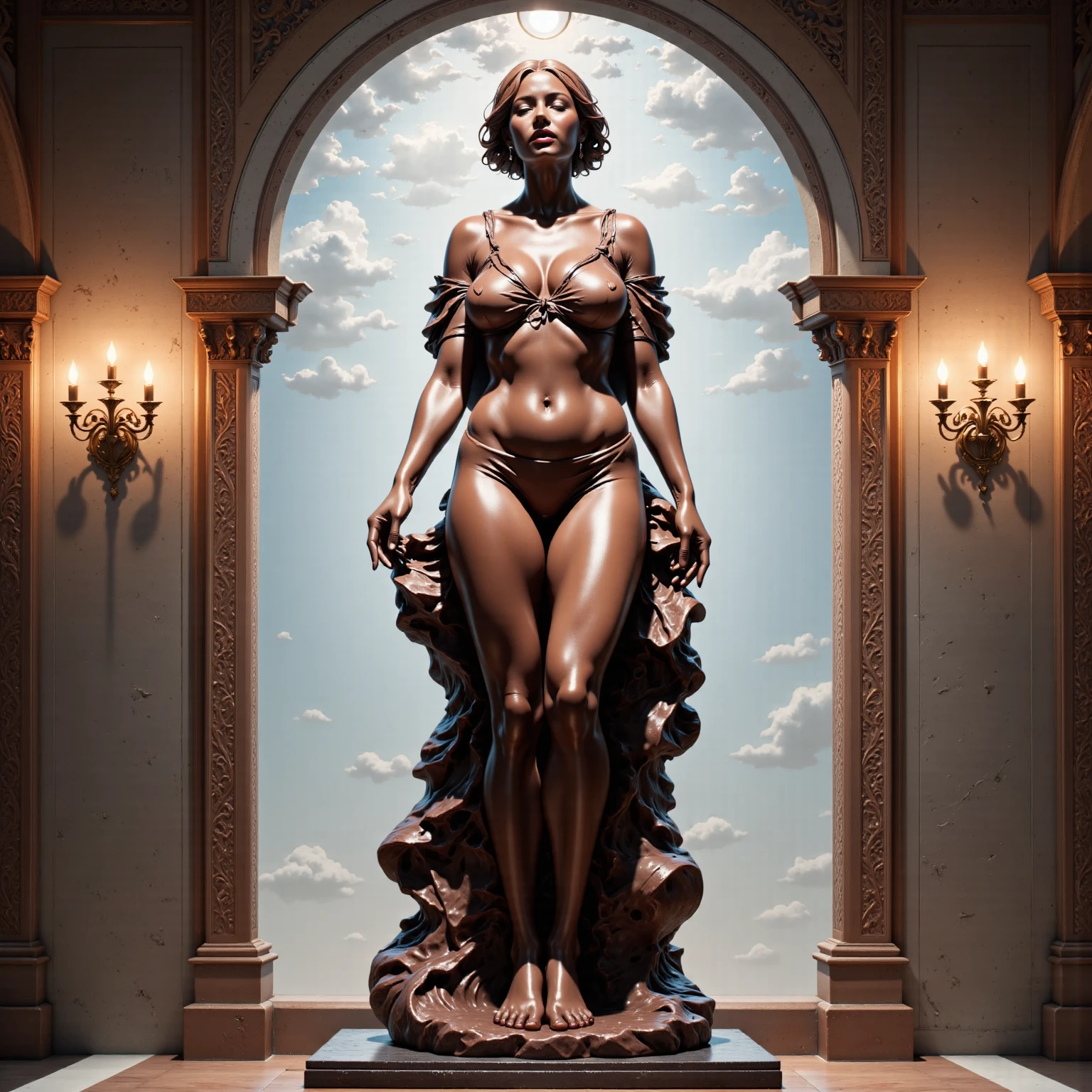 Greek mythology themed statue made of black marble with gold and white veins, Detailed in millionaire mansion Rococo style, noche,luces tenues alumbrando, ambiente oscuro y misterioso, sofisticado, Eccentric, Berni, Michelangelo's, , Alto contraste de luces y sombras, profesional photography, utrarealista, Light Volumetric, kinematics