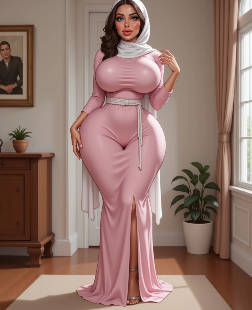 A busty hijabi girl, Arabic ethnicity, brown skin, Muslim, mature woman, wearing a secretary outfit, purple open shirt, black jacket, mini skirt, brow stocking, a black high heel, silk headscarf, big natural breasts, nice rounded ass, cleavage, sexy, thick hips, beautiful feet, smiling at the viewer, top view, in a corporate environment, taking a picture in reunion room, pc wallpaper, 8k, 4k, wallpaper, full body shot, subject in the middle of the frame