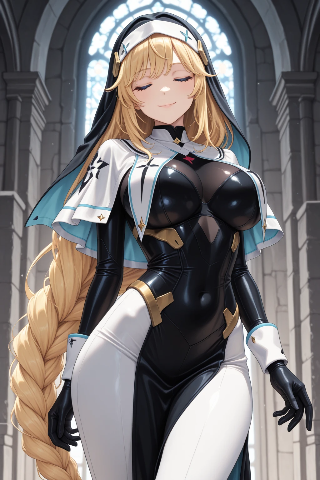 masterpiece, best quality, 1girl, solo, priestess, blonde hair, light hair, pink eyes, empty look, solid eyes, black bodysuit, white robe, garter straps, nun headwear, white pantyhose, large breasts, v arms, standing