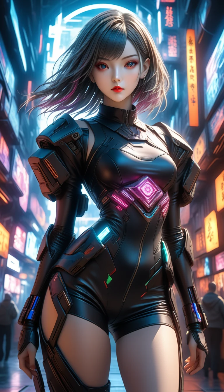 masterpiece,best quality,absurdres,ZentreyaCyborgBase,yellow eyes,short hair,mechanical horns,red bodysuit,black jacket,upper body,smile,<lora:CHAR-ZentreyaCyborg:1>,full body,perfect lighting,city,cyberpunk city,neon lights,