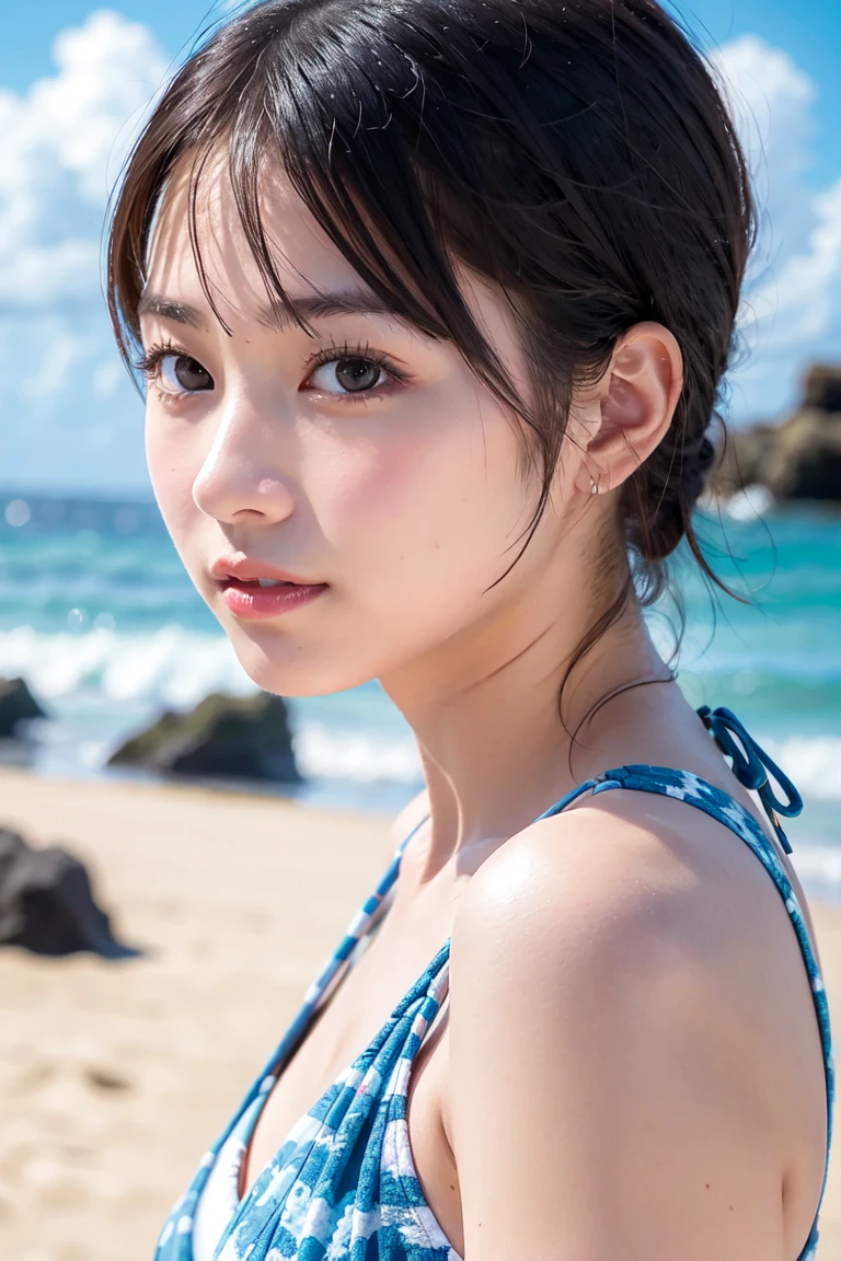A beautiful young woman is posing on a beach with waves in the background. She has long, straight brown hair with bangs that frame her face. Her skin is fair and smooth, with a light natural makeup look. She is wearing a white bikini with a floral pattern in pink and blue. The top is a halter style that accentuates her figure, and the bottom is a matching set. Water droplets are visible on her hair and body, suggesting she has just come out of the water. She is holding her hair back with one hand and looking directly at the camera with a gentle, inviting expression. The lighting is bright and natural, highlighting her features and the vibrant colors of the beach scene. The ocean is a clear blue-green, and the sky is a bright blue with a few scattered clouds.