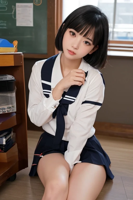 (NSFW:1)、a beauty girl, (Skirt lifting), looking in camera, Angle from below, Short skirt, Squatting, Shy smile, Japan school uniform , Beautiful skin, ((of the highest quality, 16 K, masutepiece: 1.3)), 1 girl, Light on Face, hyperdetailed face, very detailed lips, Detailed eyes、real looking skin、Panties with cute designs、Shaved、Variety of hairstyles、Uniforms of different colors、Dress naturally、Vans sneakers、Bite、Detailed panties