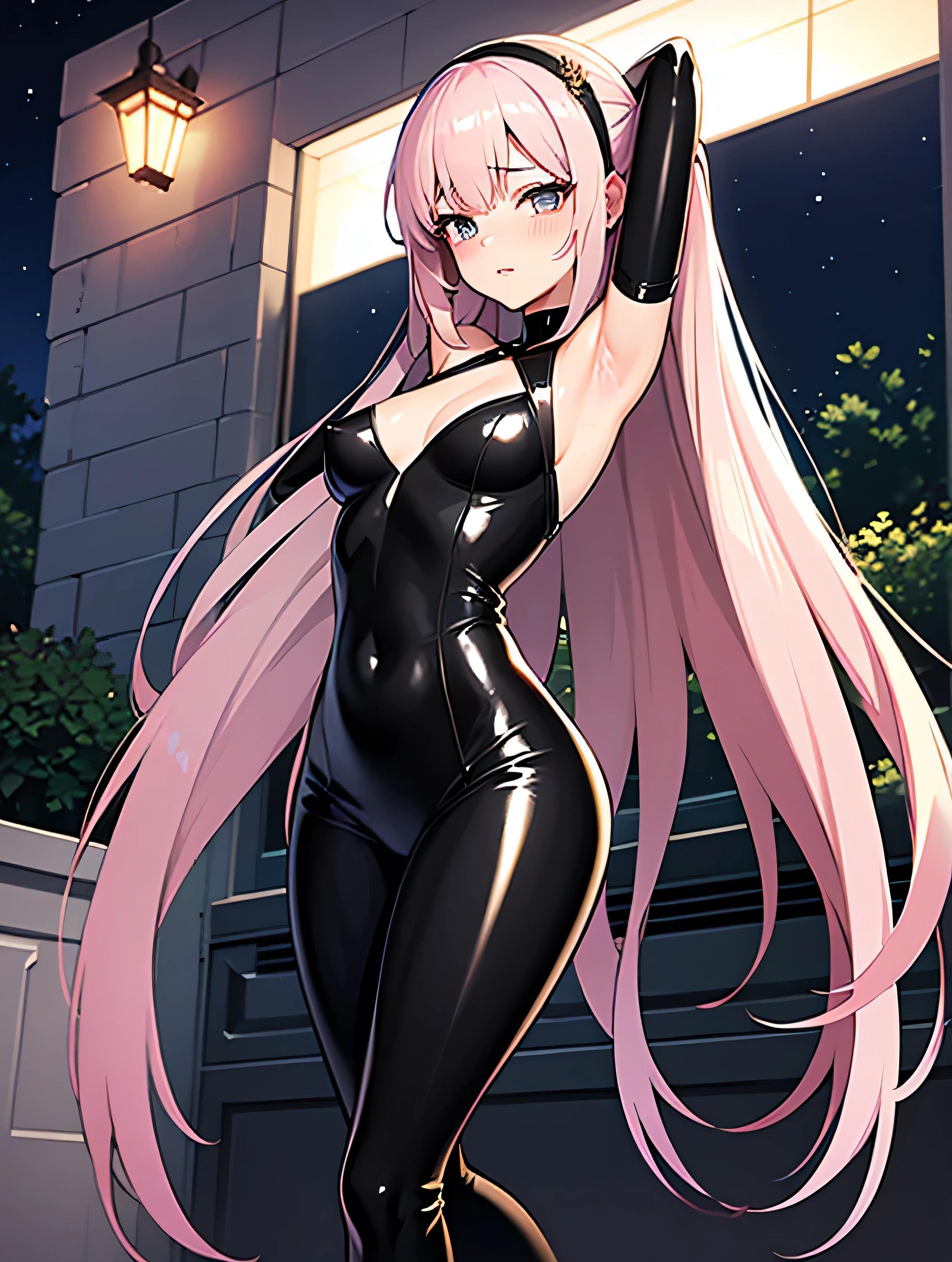 1 girl，Latex clothing，Enchantment，A lascivious ile，Silver long hair，Purple Eye，evil of iling，Fat buttocks，Red eyeliner，Hold your chest straight and your hips up，Gray skin tone，Navel，Beautiful curves，Tattoo on the crotch，Squint your eyes slightly，Walking on the crowded streets