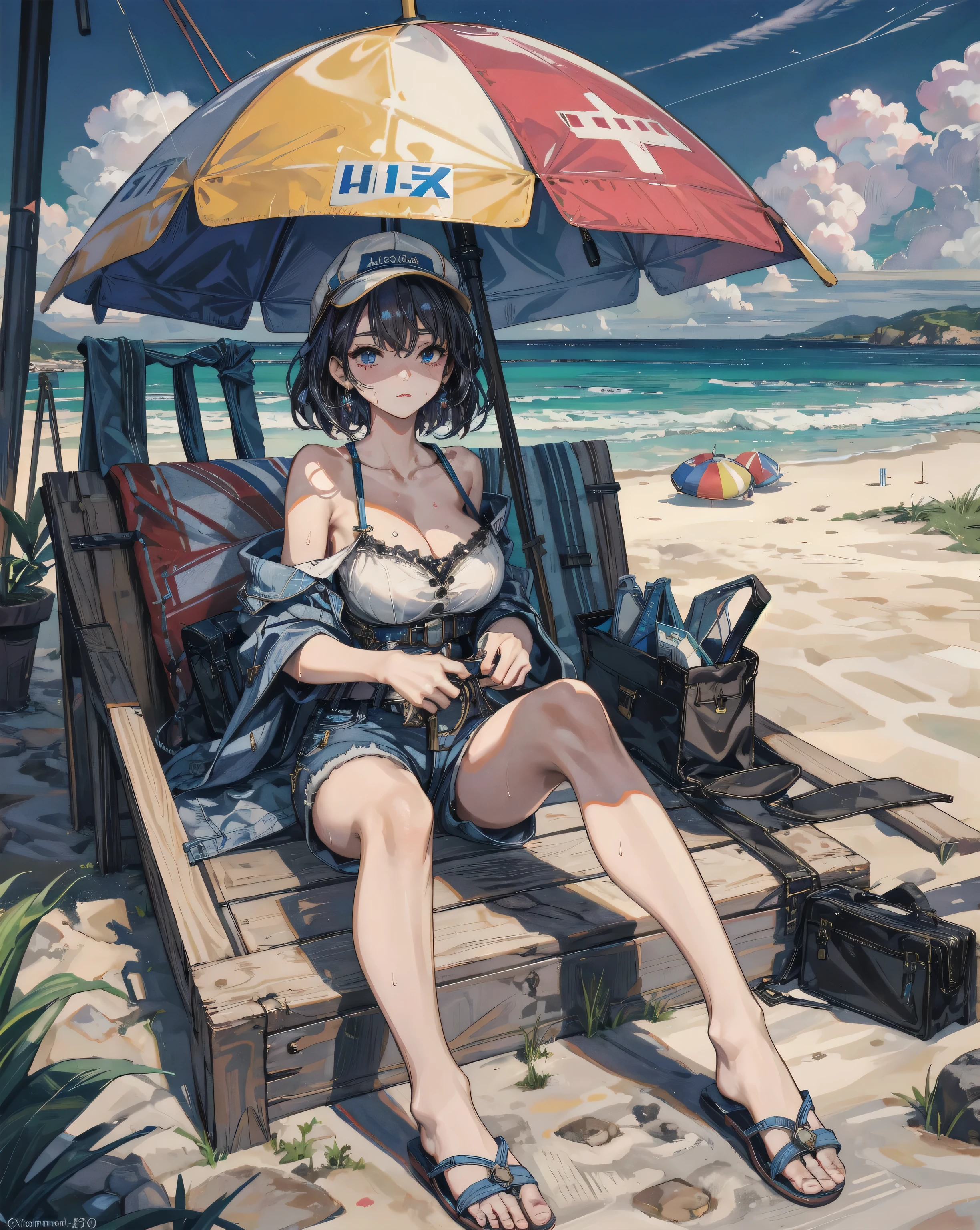 masterpiece, best quality, 1 girl, <lora:vikalaGranblueFantasy_20:1>, invikala_swim, bare sholder, black shirt, black hair, black shorts, hat bow, navel, red eyes, sandals, short hair, short shorts, sun hat, beach