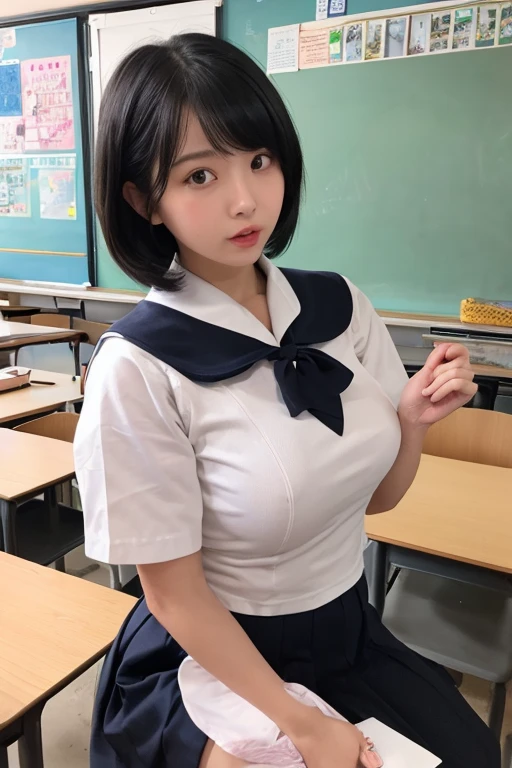 ((One Girl:1.4)),(masterpiece, Highest quality), ayanami,Are standing,((Looking into the camera)),(((Blue Hair)))、(((Berry Short))),(((I can see your chest))),(Nipples are visible), Leiayanami, Rei Ayanami, whole body、I can see your thighs、classroom、Sit on a chair、Large Breasts、
blue dress, mini skirt、dress, neck ribbon, pinafore dress, ((red ribbon)),ribbon, , Short sleeve, short-sleeved sweater, sweater,