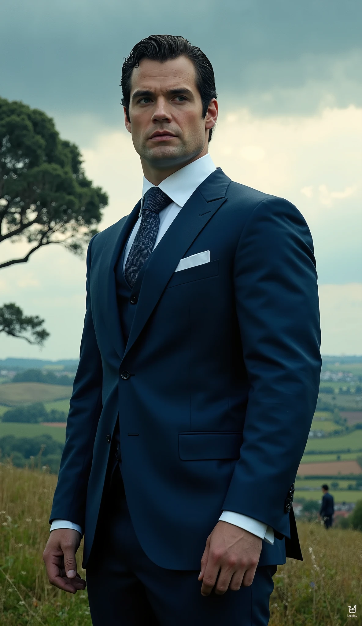 Henry Cavill wearing realistic nor-style blue and black suit, Background with a tree and an epic field and some people in the background, upper body