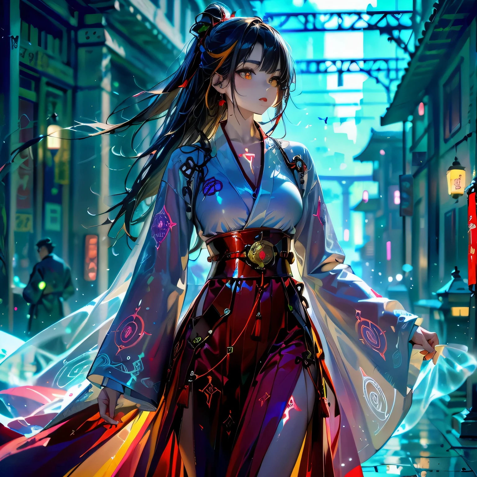 top quality, ultradetails, High precision in selection, masterpiece, very precise, wears a ((flowing white kimono-inspired jacket)) with ((crimson circuit patterns)) glowing softly beneath sheer panels. Beneath it, a ((high-cut crimson hakama skirt)) made of adaptive tech-fabric flows with her movement. Her ((long dark hair)) is streaked with ((neon orange strands)), framing a face marked by ((delicate, glowing cyber-runes)). A ((fox-shaped holographic drone)) hovers silently at her side. araffe woman in a red and white dress walking down a street, palace ， a girl in hanfu, ross tran 8 k, cinematic. by leng jun, trending on cgstation, beautiful digital artwork, chinese dress, cgsociety 8k, cgsociety 8 k, cgsociety 8k, anime style. 8k, chinese girl, chinese costume