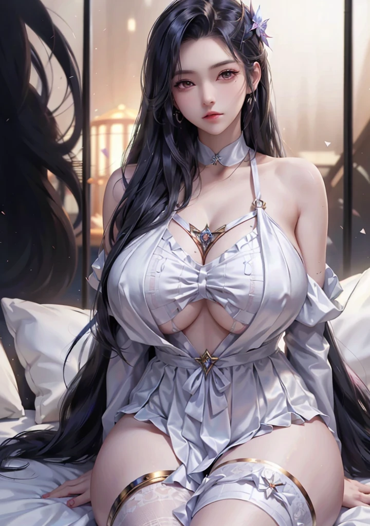 (Woman1),(beautiful),(divine beauty),(beautiful face),(atrane appearanceKWoman1),(beautiful),(divine beauty),(beautiful face),(attractive appearance),(White soft skin),(hot),(slender body),(slender body),(sculpted body),(super gigantic big:1.5),(Long hair),+(Green Hair Color),(Eyes),+,(Eye Color SeesGreen Hair Color),(Eyes),+,(Green Eye Color),(height1,67),(Full hips),(Lean body:1.5),(Mature Sexual Body),(wearing),+,(a sexy maid uniform, consisting of a sleeveless white jumpsuit that highlights her curves, with a super short and fitted skirt in the front and back. Thin uniform fabric moldes)