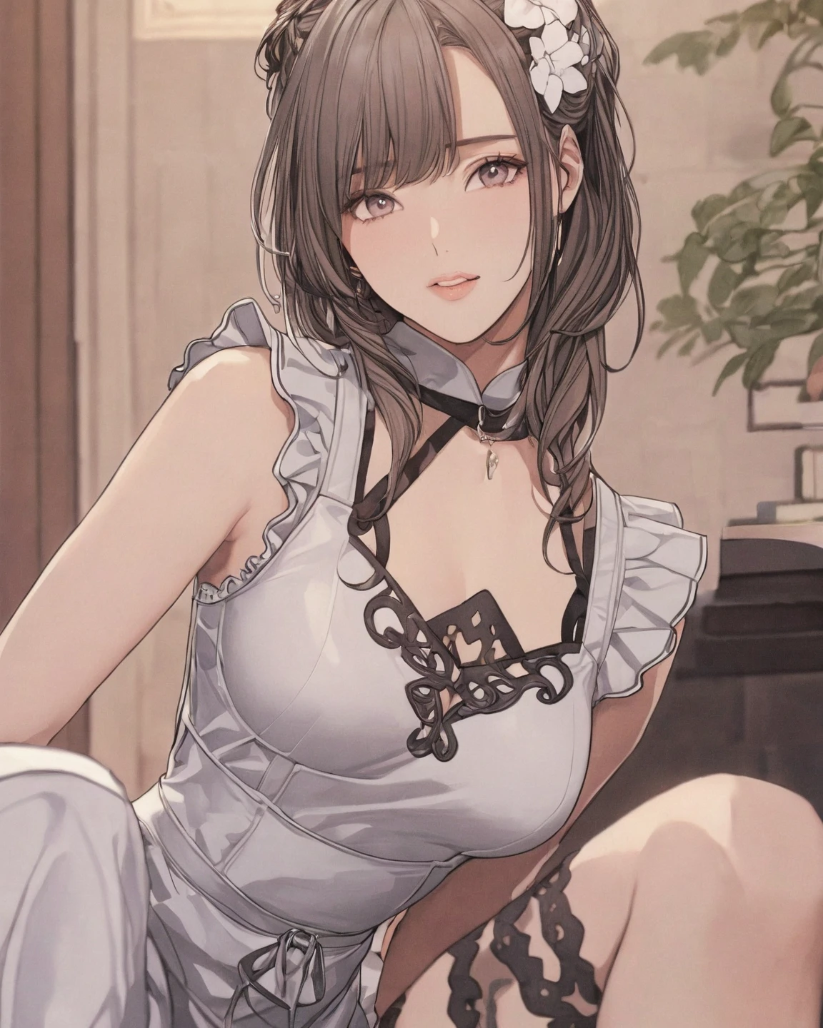 (A masterpiece of image quality in 8K),(from below:1.2),(Beautiful Allafed Woman),(((emphasizing breasts:1.0))),(Dynamic angles),(Dynamic and sexy bending pose:1.3),(sit a chair:1.3),(Short hair in shiny silver and orange inner colors,(perky chest:1.1), (pointed chest:1.3),small full breasts,Disturbance of clothing due to movement,breast slip,(Ponytail twisted buns adorned with elaborate braids and beads,Braided Setup Fishbone Hair,),(see-through bangs),small breasts、(((A white lace apron that shows your bare skin from under your small breasts)))、Blush with embarrassment、Enraptured eyes、A smile that beguiles the viewer、(Look back:1.2)、Look into the photographer,skin glistening with sweat,gazing at viewer,,(Professional Lighting),(8K,masutepiece,top-quality,Ultra-high resolution output image,),(Ultra HD with complex detail image modes),depth of fields,Beautiful hands,Beautiful fingers,Detailed finger features,(Detailed hair features:1.7),detailed facial features,detailed clothes features,