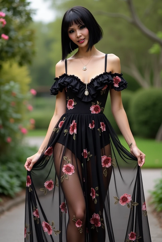 Woman, sexy, black dress with short flowers, strong legs, brunette, long hair, sexy pose, walking