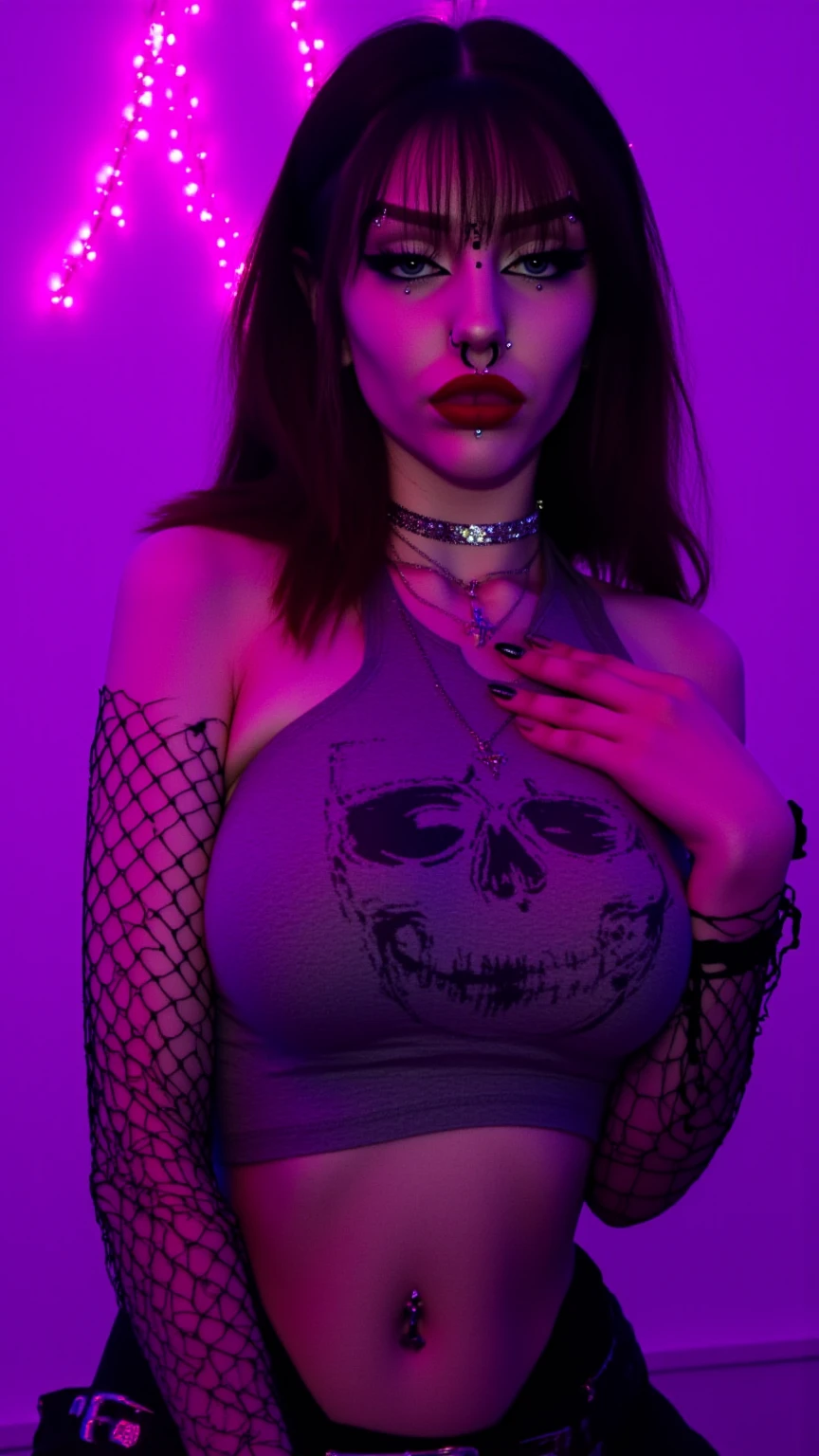 skini girl, grey t-shirt , (((((pale skin)))))), blue eyes,
 white girl, deep pink hair,  ultra realistic, ,
 large breast, (((huge breast))), ponytail hair,
 dark tunnel full of skulls with little light background, 
candle lights,
 ((tattoo skull breast))