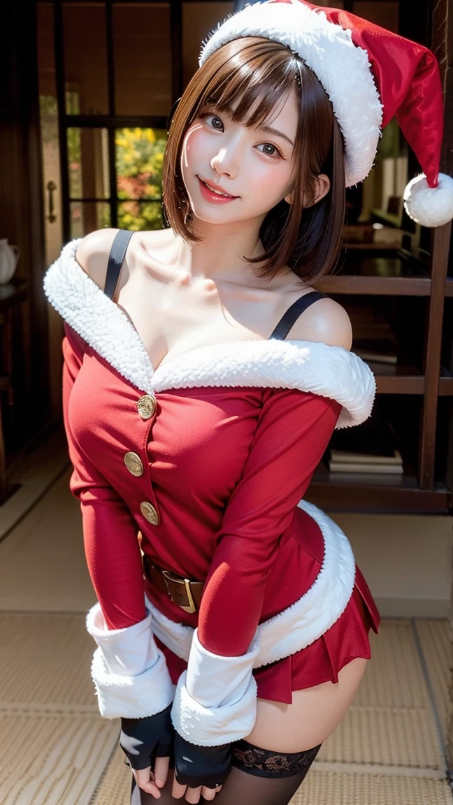 ((SFW、masuter piece、Best Quality、masutepiece、top-quality、Highest Standards、Top image quality、Very beautiful adult attractive woman))、(Raw photo:1.2)、(photoRealstic:1.4)、((Almost never look up、Look firmly at the camera、Take a photo from a little above with the camera))、Beautiful face with perfect symmetry、beautiful detailed women、extremely detailed eye and face、beatiful detailed eyes、Smile at your audience、Very smiling、Beautiful teeth、Beautiful teeth alignment、huge filesize、ultra-detailliert、ighly detailed、((High School Girl Santa Claus Uniform、Santa Claus Costume、Santa Claus hat、Off-the-shoulder Santa Claus costume、Large buttons))、8k wallpaper、Light on the Face、28-year-old girl、((dynamicposes))、(camel's toe)、(half)、(Sitting on legs with bent knees)、shorth hair、shorth hair、long neck、Put your ears out、bangss、big eye、Lashes、kawaii、very large breast、very Bigger breasts、very beautiful breast shape、Beautiful cleavage、tall supermodel、Long-legged supermodel、Supermodel with broad shoulders、bright color eyes、Shadow Fade、Christmas daytime nature background、Natural light diagonally from top to front