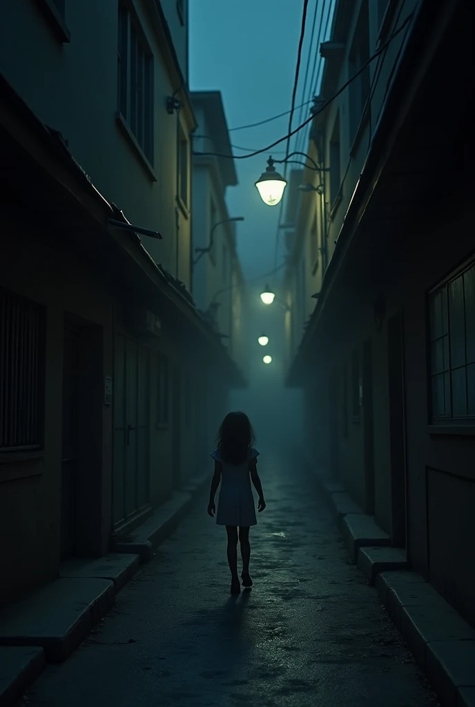 9 year old girl, wearing a floral dress, standing on the side of a highway, macabre look, horror film photography, afternoon scene, perfect eyes