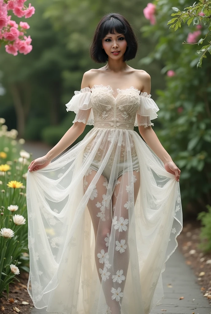 ((((ultra illustrated style:1.0)))),best quality,best animated,masterpiece,ray tracing, global illumination,white lace,head, I-type Valley,cleavage,see-through,1girl, solo, standing, outdoors, full body,looking at viewer,dress,high heels, <lora:Hoshizaki Ao_07:0.5> <lora:I-type Valley:0.5>