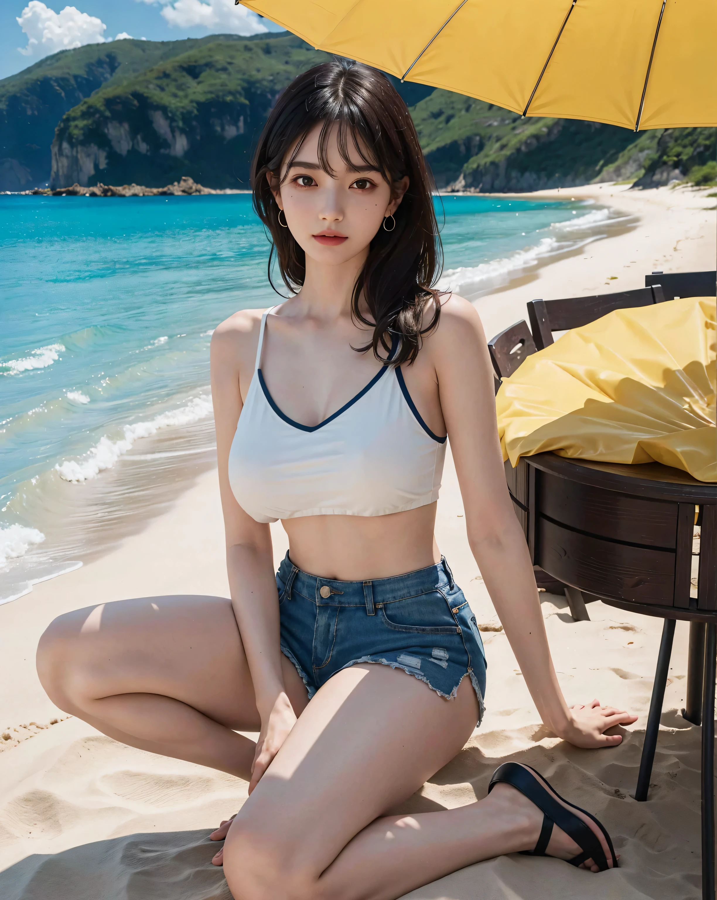 full body shot, sandals, shadow of feet, extremely detailed, standing, solo, looking at viewer/look at viewer, medium hair, camisole, daisy duke shorts, leaning forward, huge breasts, real young girl, glamorous, lanky, pale skin, light makeup, clear sky, shiny skin, public pool, japanesemasterpiece)), (detailed), 1girl, sexy,