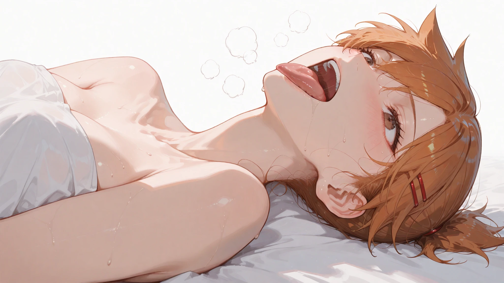 Heat after sex, (masterpiece), best quality, ultra-detailed, 1girl( gwendolyn_tennyson, breasts, naked body, orange hair, short hair, green eyes, empty eye, tears), a shallow face, crazy smile, open mouth,
tongue out , Saliva, nose blush, blush, solo, head tilt, unconsciouness,white shirts, torn clothes, nipples, navel, pussy, in the bedroom, night time, on the bed, lie down, lying, spread legs, hands up, wet body (sweat, cum), cumdrip from her pussy, full body