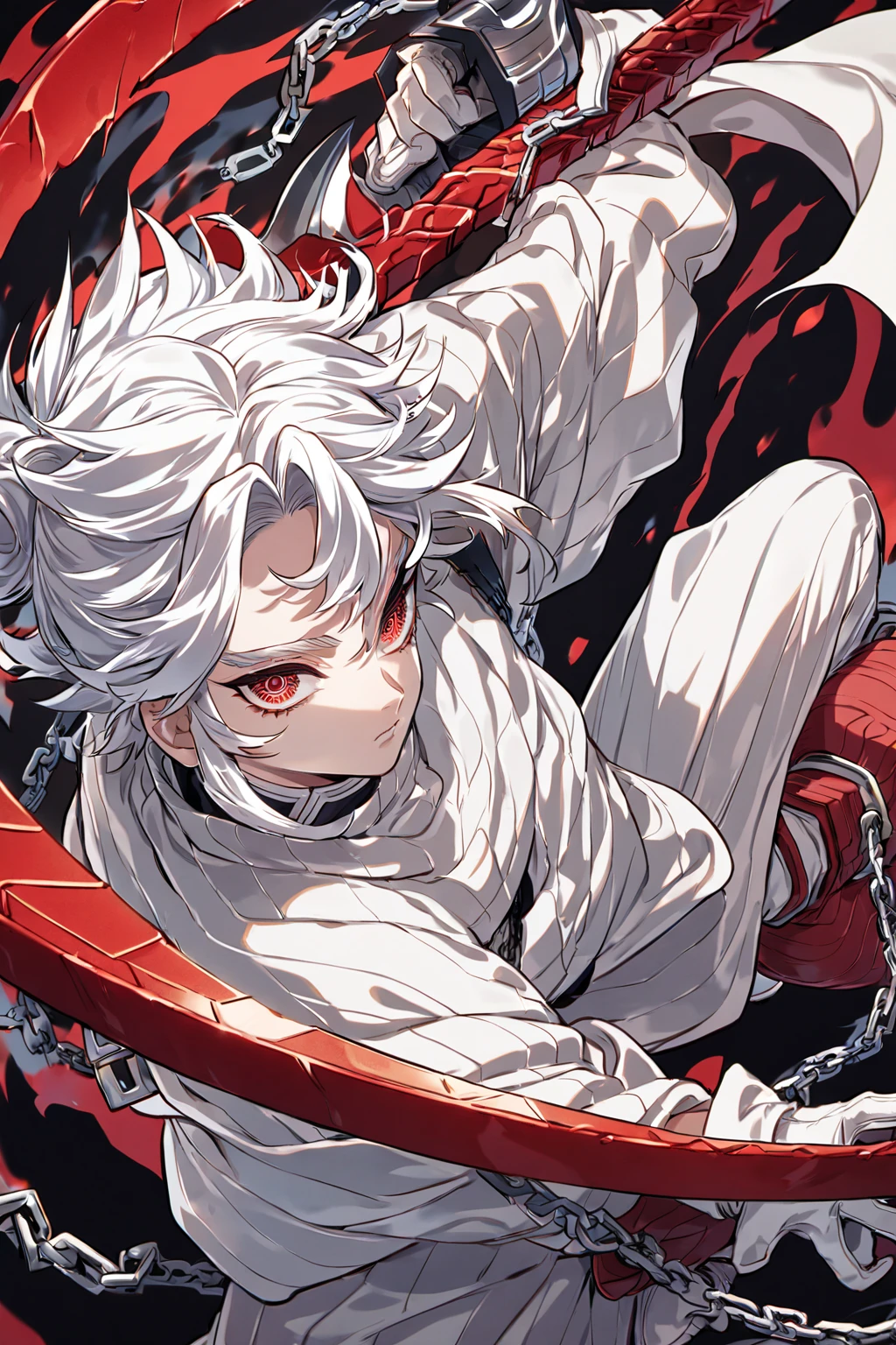 Solo, male, white hair, red eyes, black coat, red scarf, black roses, red roses, thorns, blood
