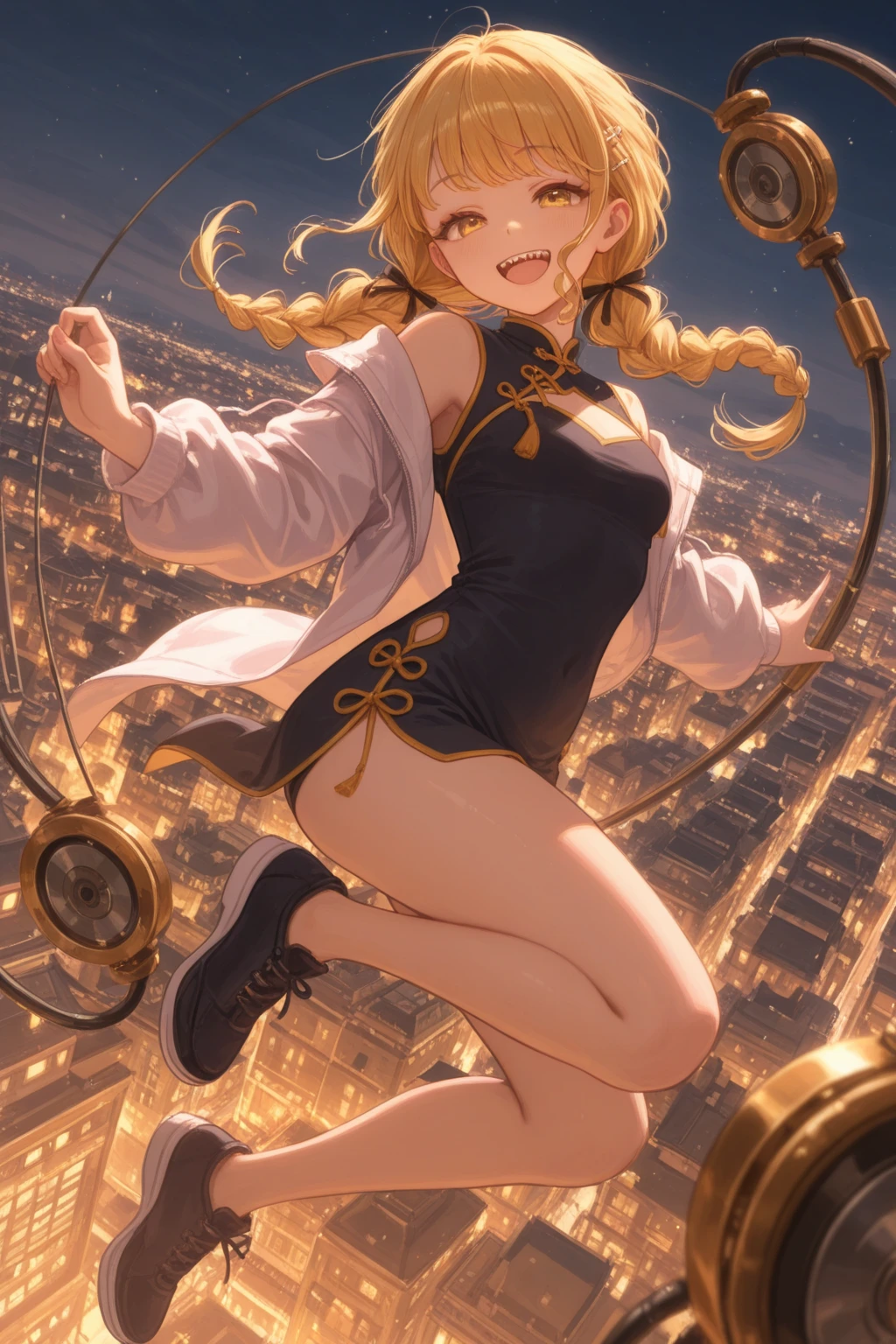 (((masterpiece))), ((highest quality)), (Very detailed), ((High resolution)), ((8k)), One Woman, Big Breasts, Twin tails, Drill Hair, (Golden Hair), Very cute woman, delicate, Focus on women, she, cool face, Best moment, low length, (Golden Eyes), Thighs, Waistline, Beautiful Skin, delicateな腕, whole body, Detailed skin texture, Intricate details, Very detailedな顔, Beautiful Eyes, Big Eyes, (Mami Tomoe), Magical girl, Night cityscape, Beautiful legs, With a musket in his hand, A brave figure, garter belt,