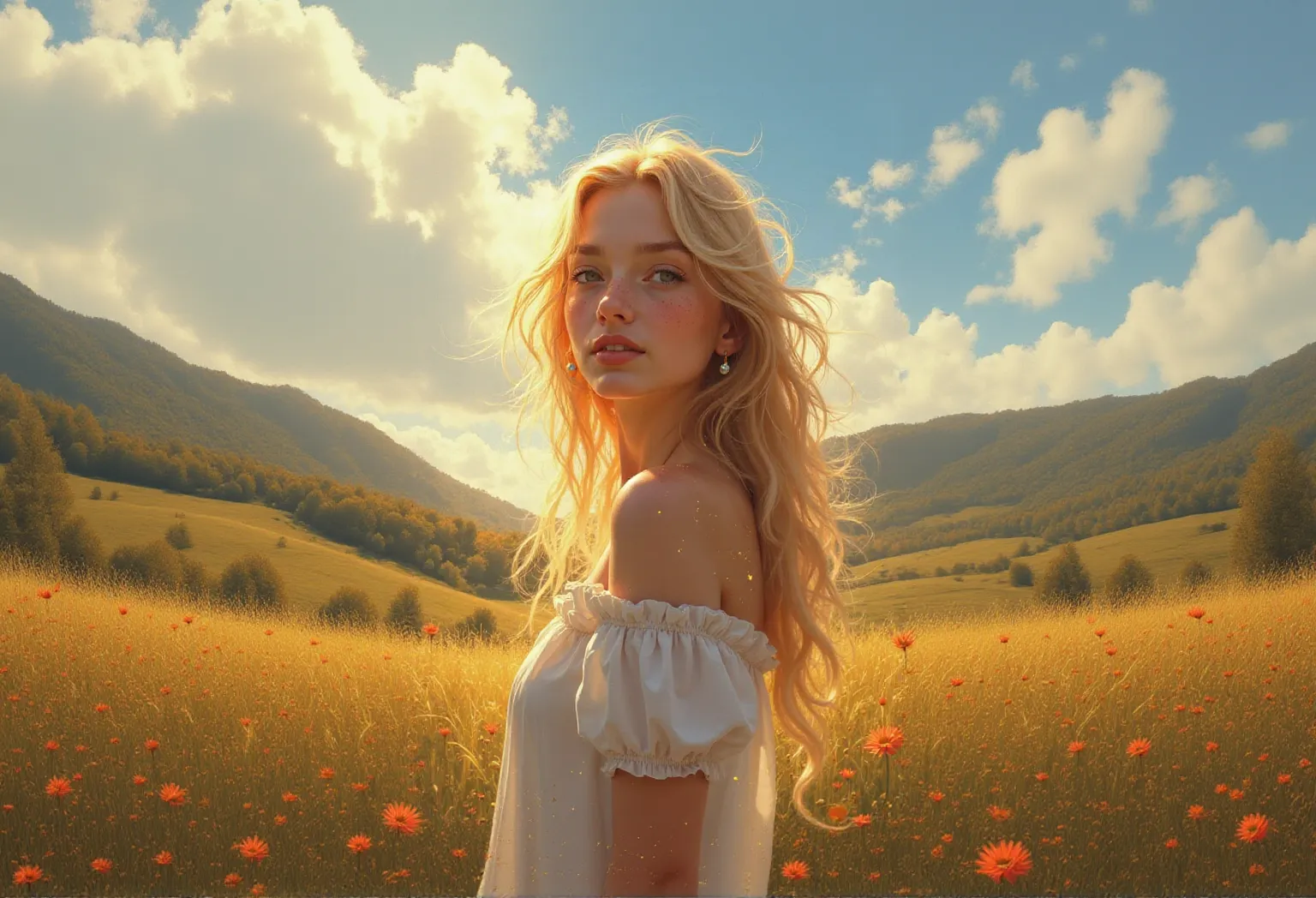 1girl, masterpiece, best quality,white dress,realistic, wariza ,cloud,blonde hair,looking at viewer, field,