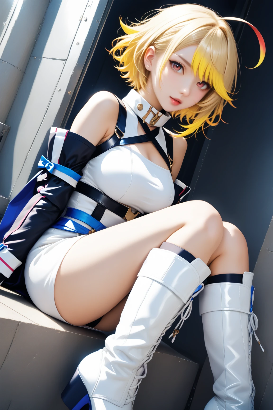 Highest quality,Highest Resolution,(((black corset　boots)))　Metal Max 2:Reloaded　Lena　rifle　Blonde　short　Blue Eyes　C Cup　15 years old　end of the century　desert