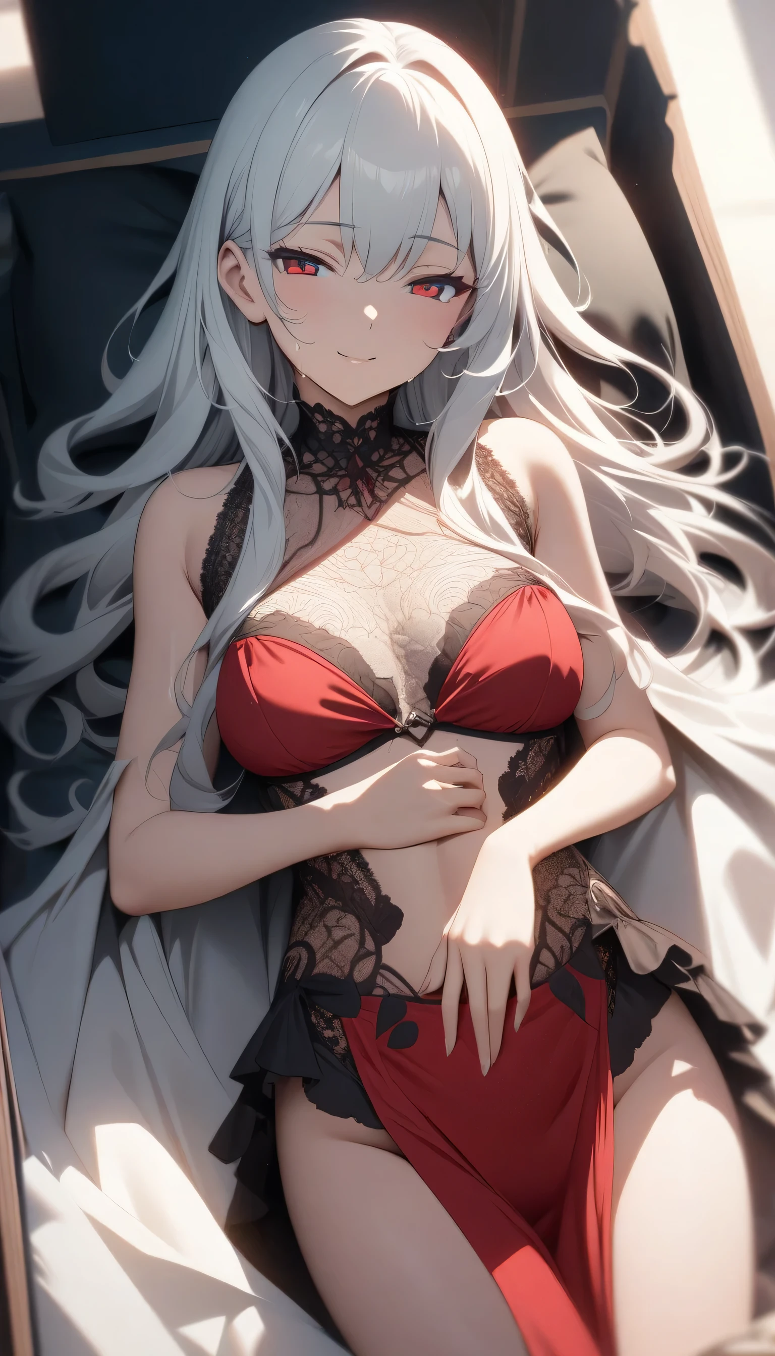 female, silver long hair with black highlights, red eyes, (((1girl))), (((red lace bra))), (red lace panties), cute and sexy, full body, large breasts, large butt, long legs, smiling