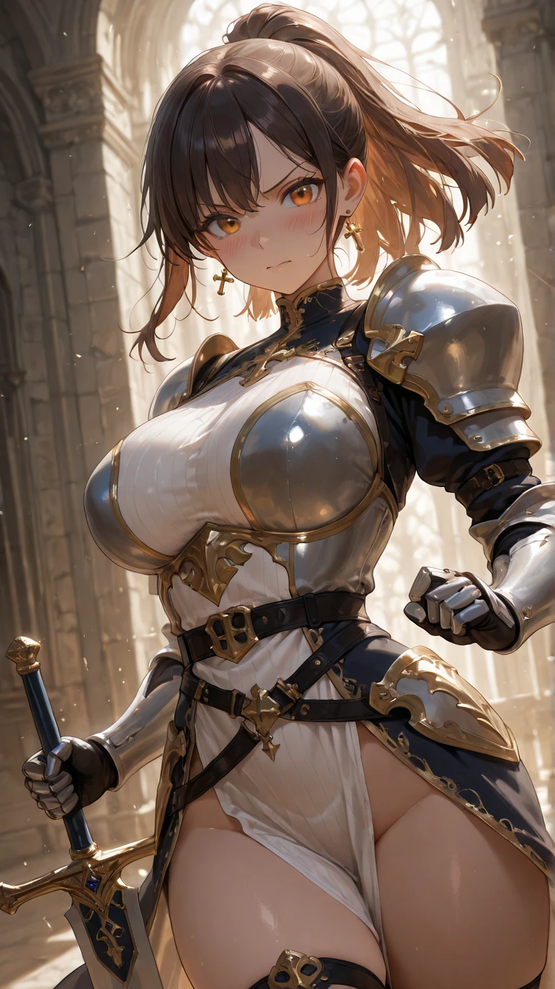 highest quality、complete limbs、Beautiful woman、solo、((brown haired woman:1.4))、((A woman with a tied hairstyle))、big breasted woman:1.3、female knight、(((A woman wearing a white long-sleeved high-neck leotard:1.3)))、(((woman wearing brown pantyhose:1.3)))、(((woman with full armor:1.5)))、smile、castle town、squirt、woman with hands on hips
