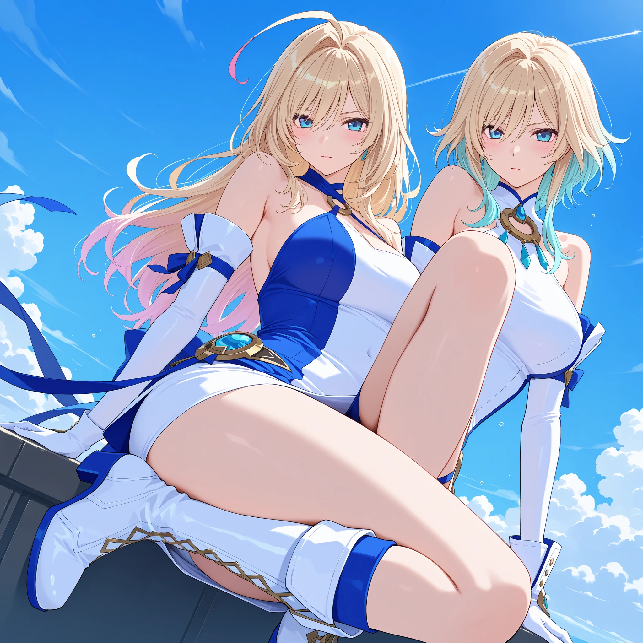 Texture CG, ((Ultra Detail Art)), ((​master piece)), (extremely details CG),Multiple girls,3girls,standing,nsfw,ragnarokarch,sexy gal , gyaru,beautiful breasts, beautiful legs, show off panties ,panty shot, (from below:1.3), pussy focus, wind lift ,((string panties),(thin panties),(white sexy micro highleg panties)),clothy_aside, clothing aside, clothes lift, pelvic curtain,(((White Puff Sleeves))), white thigh thighs, Gold Sash ,White blue dress from neck to chest,  cleavage cutout, Long blue skirt with slit, (Blue Wide Sleeve), (Blue Dress Short Front), long hair, blonde hair, pink hair, silver hair, Curve, Beautiful detailed eyes , gleaming skin, open mouth ,light smile, embarrassed:1.4, outsides ,clear sky, in summer ,windy ,garden, 
