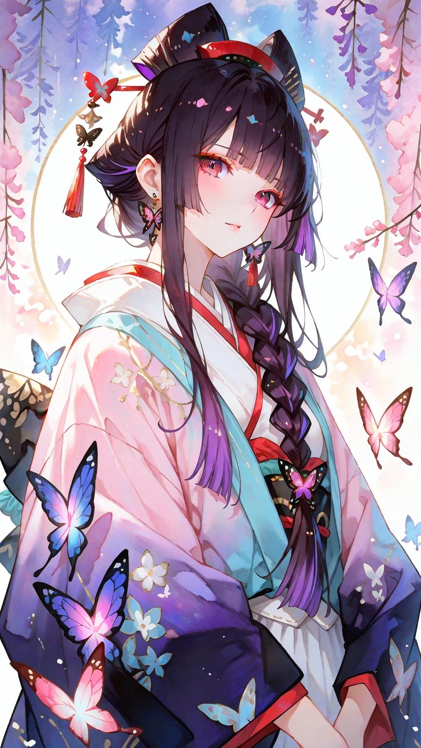 Solo one girl, (maroon eyes), (black long hair), (purple gradient highlights), (hime cut bangs), blunt ends, hime cut sidelocks, One thin braid, butterfly earrings, butterfly hair accessories, cool facial expression,
oiran layered kimono, onmyoji detailed art,
masterpiece, best quality, beautiful and aesthetic, very beautiful face, detailed, detailed background, deep depth of field, stunning, fascinating, enchanting, cinematic lighting, cinematic composition, anime style, vibrant colors, thin lines, dreamlike, absurdres, fantasy background, dynamic pose, cowboy shot, transparent-watercolor, (looking at viewer:1.2)