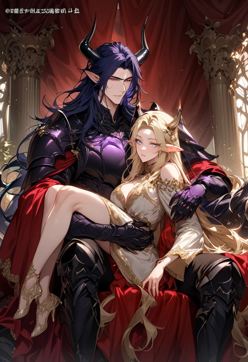 （（（（1 male、muscular、Black hair black eyes、aristocratic costume、sit on the throne、））））in throneroom、(((masterpiece、highest quality、Super detailed、)))1 female、black long hair waves、Glamour、big breast nipples、human、monk、fighting monk、hair ornaments、Jacket、costume red and black、Decorative parts are gold、gauntlet、Leg Armor、（（（二つのsit on the throne男性、A woman who is close to a man、couple、）））