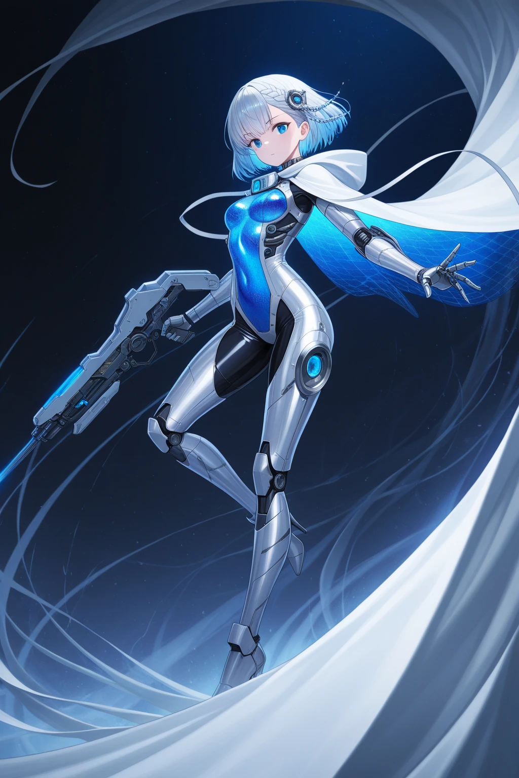 Full body cyber girl with ponytail. ariana grande face. A bright white color showing her as a cyber girl with a laser rifle. White eyebrows. Catsuit-like clothing. She has bright blue eyes. The environment is like a Terminator. Hair is platinum. One side of her face is lit up in a bright blue light. As if guided.  There are also LED lights on both hands..