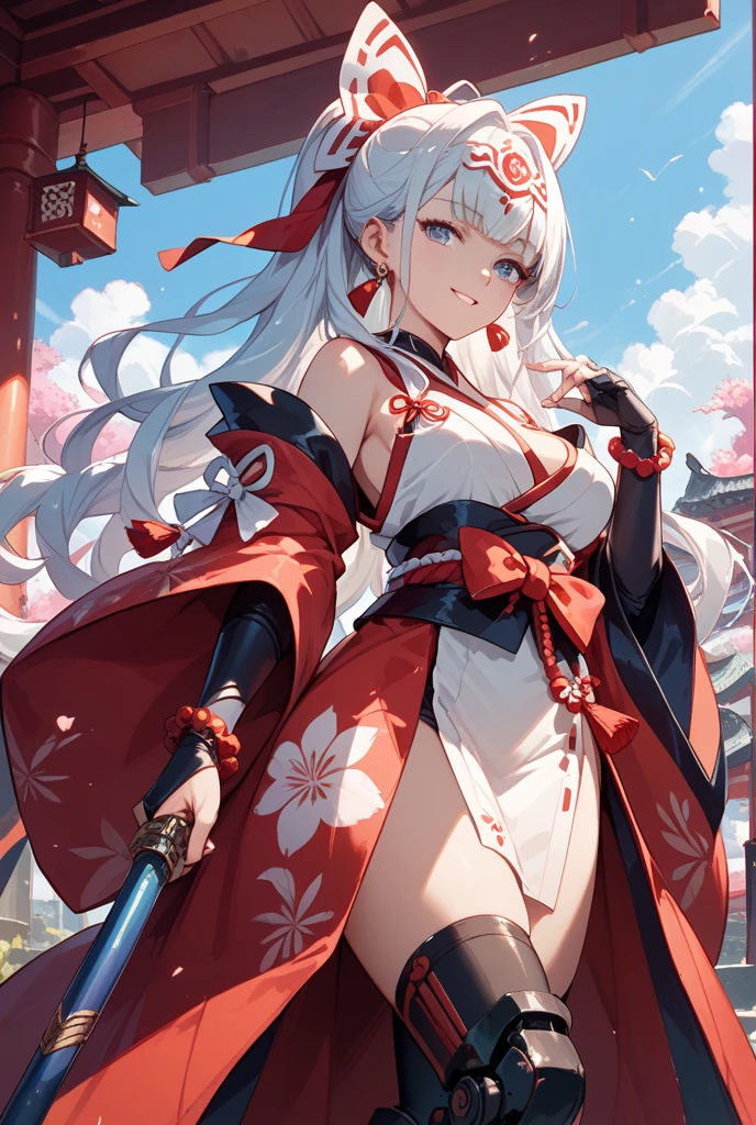 Kimono with a fluttering chest、Cleavage、Thighs、17 years old、holding a sword in one hand、Beautiful Girl Swordsman((E Cup、Long silver hair)、Cherry blossom background
