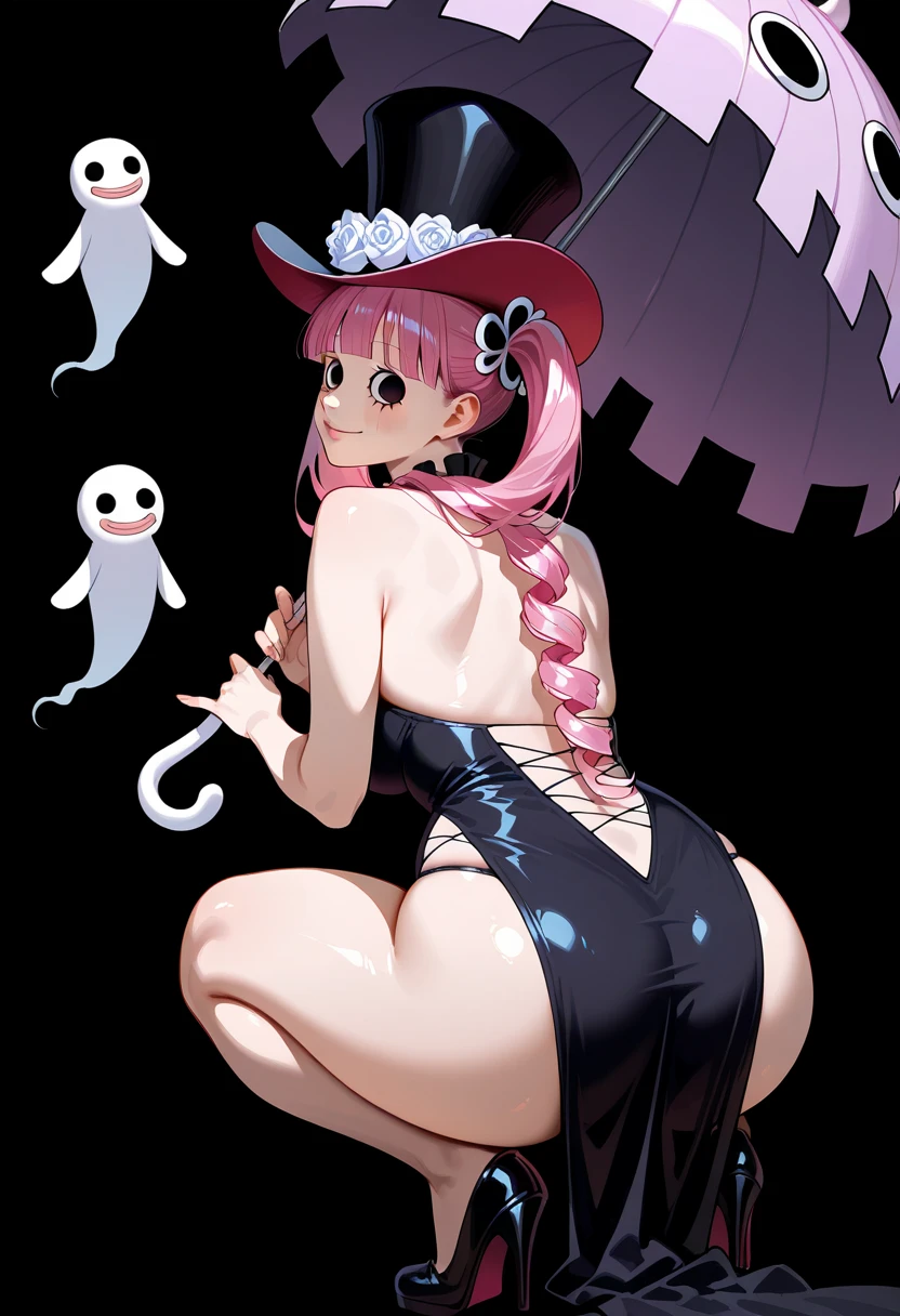 artistic photo of a slim white girl, 23 years old, Perona, extremely long pink hair, bangs,  2 ponytails, black lace goth clothes, cleavage, garter belt, black and white striped stockings (Extremely thin and slender lower body:1.1),soft light, (gigantic tits:1.2) (lace umbrella), spooky castle background, (night:1.3)