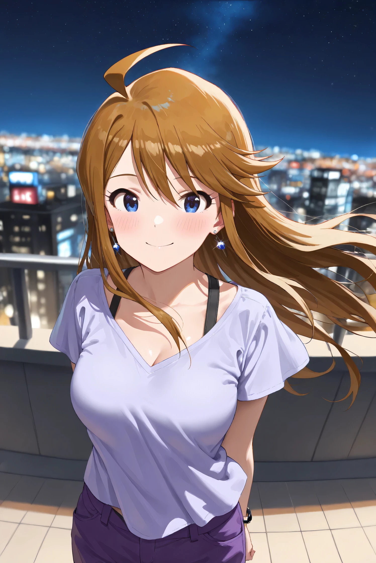 (Masterpiece), (Highest quality), (Very detailed),
(The best shape), (Best Shadow), (Absurd),
(Detailed background), (So beautiful), (Shiny),
(Extraordinary), (Countershading), (8k), (32K),
(High resolution), (Very Detailed CG), (UHD),
(Score_9), (Score_8_up), (Score_7_up),
(Source_anime), (Pastel painting:1.2),
(Watercolor painting:1.2),(Masterpiece, Detailed:1.2), (Foreshortening:1.2),
(Cinematic), (Dramatic), (Depth of field:1.4),
(Blurry background:1.4), (Realistic background:1.4),
(Dynamic angle), (1 girl),
(Outdoor), (Wind), (Japan), (Big city), (Night),
(Night view), (starry sky),
(Casual wear:1.3),
(black underwear),
(Vneck shirt), (Lilac shirt), (big shirt),
(short sleeves shirt:0.8),
(purple hotpants),
(one bracelet), (Earrings),
(Portrait), (Focus on face), (Close up shot),
(Blush:1.3), (Happy), (Smile),
(Arms behind back),
(Realistic skin), (Shiny skin),
(Tokoro Megumi),
(The idolmaster million live!),
(t0kor0), (medium breasts), (blue eyes), (brown hair), (swept bangs), (sidelocks), (ahoge), (long hair),