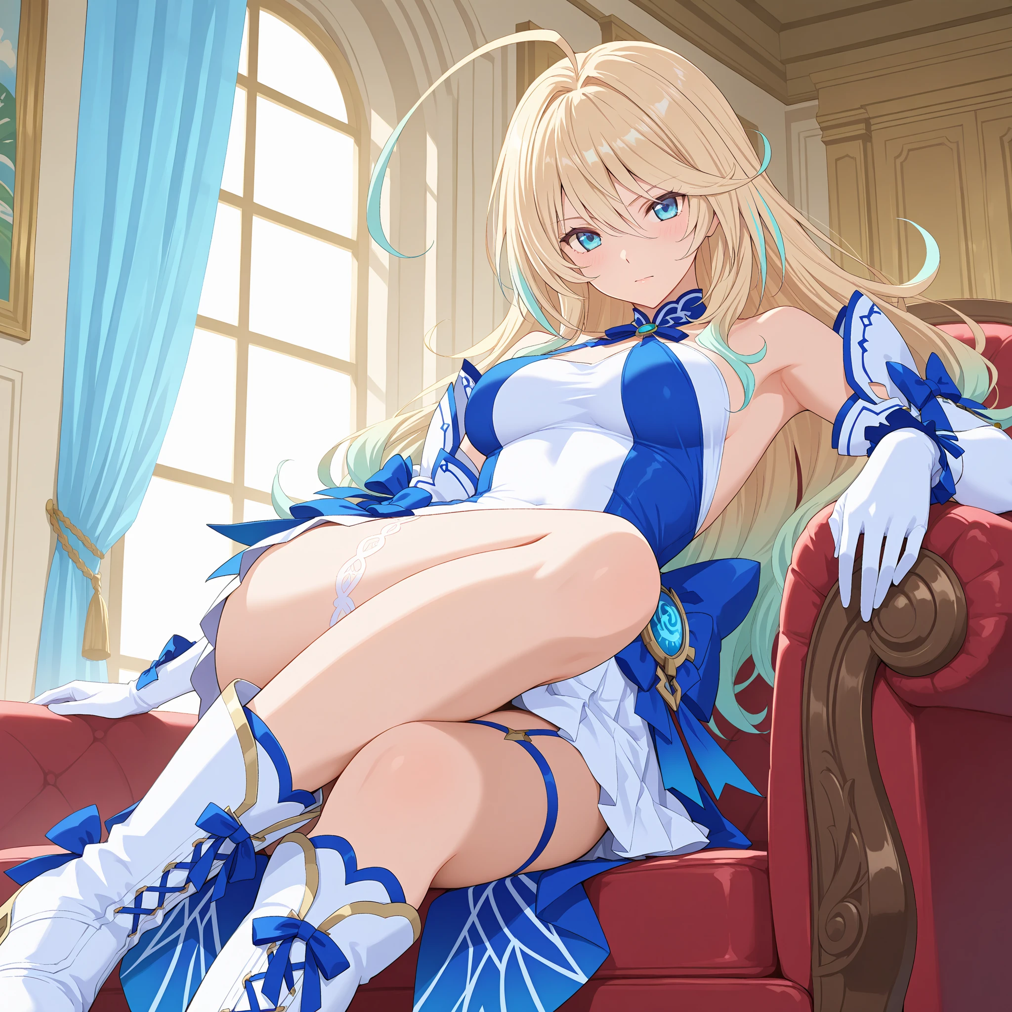 celia\(foot on foot), celia\(\),1girll, , report,
eBlue eyelack thighhigns,high-heeledrooms,pillow head,
Best quality at best,Highest quality,the ultra-detailed,tmasterpiece,illustratio,Ultra detailed backgrounds,