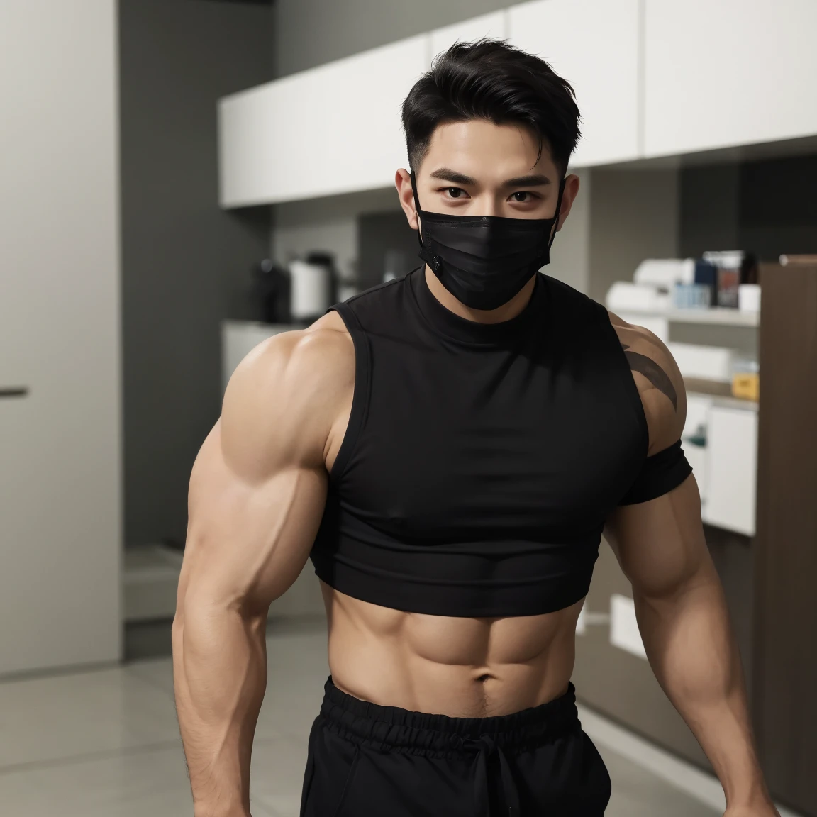 a very handsome young man, massively muscular, with massively large muscles, with massively large biceps, with massively large arms, shirtless, with his eyes closed, wearing a surgery mask, lying on a hospital gurney, in a black background
