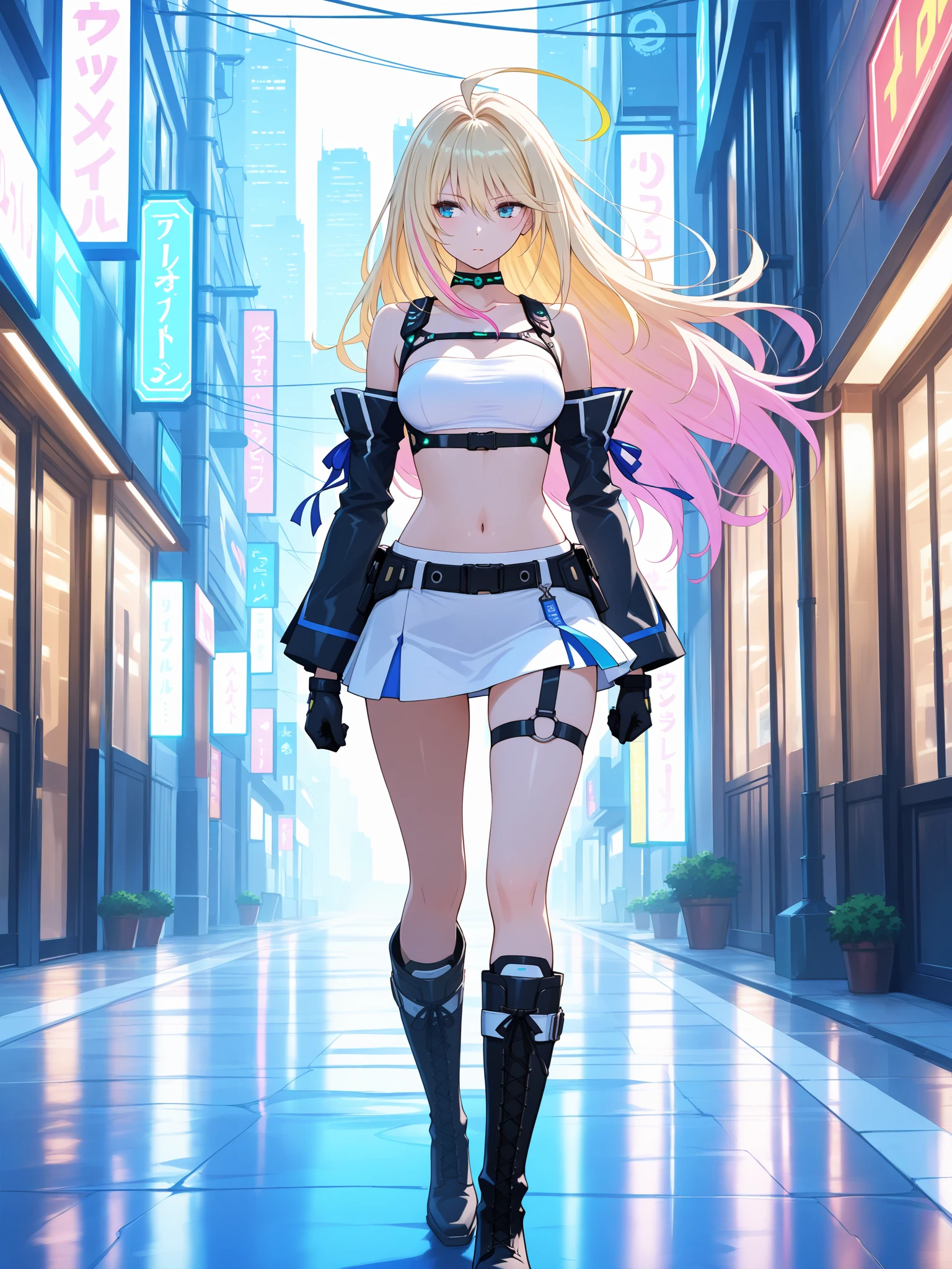blonde, long flowing hair, cinematic, light blue eyes, glowing effect, electricity, 1 girl, beautiful girl, shorts, small black jacket with tight black shirt under, show navel, jumping in air, epic, masterpiece, futuristic, flowing lightning energy around body, Lightning Glow effect, very detailed, action pose, from above view depth of field.