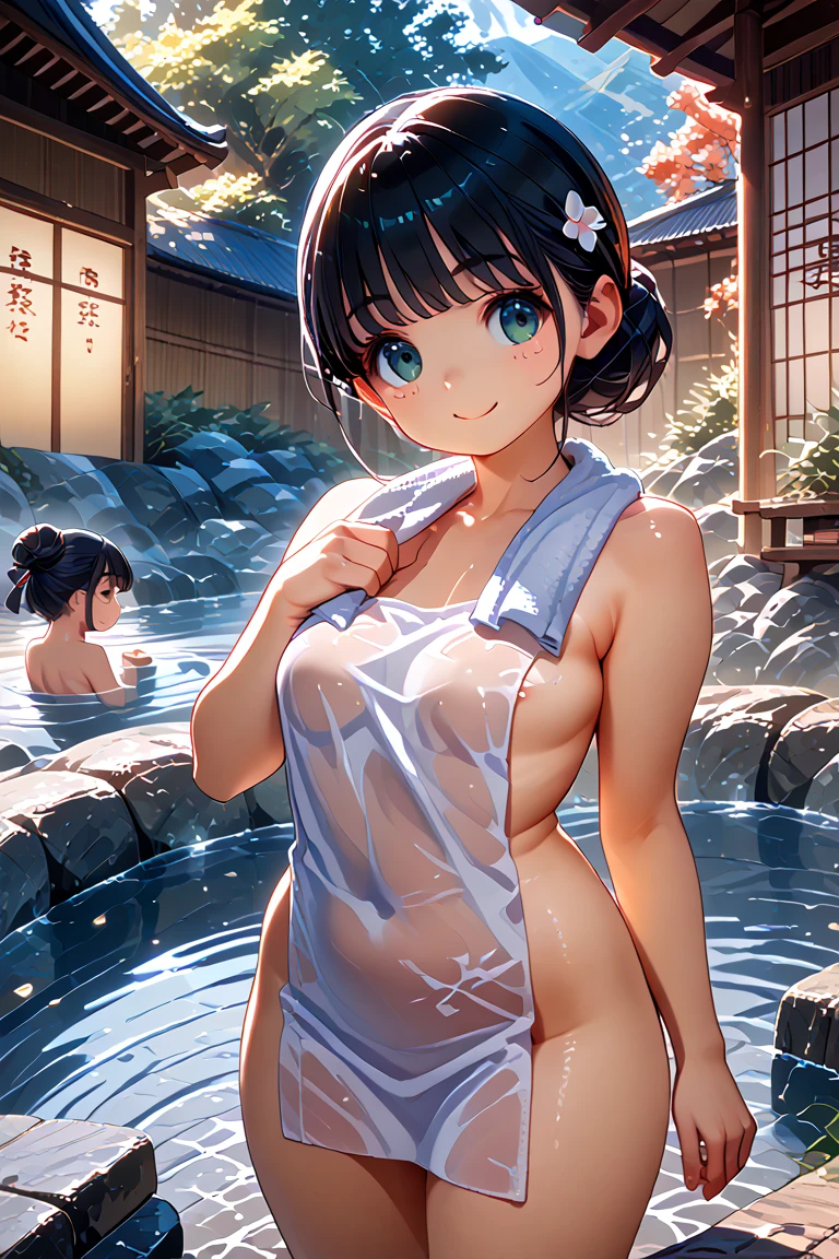 the night，The heat of natural hot springs fills the air，One is plump、Beautiful woman sitting in hot spring，Enjoy the comfort brought by hot springs。Her body is surrounded by warm water，The yukata is hung loosely around the body，Half a shoulder exposed。Her skin is reflected by the steam of the hot spring，appear more attractive。

Women’s breasts look plumper in the water，White skin and hot spring water complement each other，appear more attractive。Her face is flushed，Close your eyes slightly，It's as if you're enjoying this wonderful time。Long eyelashes flutter gently，Gives people a sense of calm and vitality。

The rocks and vegetation beside the hot spring are illuminated by the lights at night，Presenting a mysterious and romantic atmosphere。The women in the water seem to blend into the scenery，It makes up a beautiful picture。The steaming hot spring water flows slowly，With female laughter，Bringing endless warmth and beauty to this night。

On this peaceful night，The female figure complements the hot spring scenery，Let people be intoxicated in this poetic and picturesque realm。With the gentle ripples of hot spring water，This moment seems to be frozen forever，become an unforgettable sight。